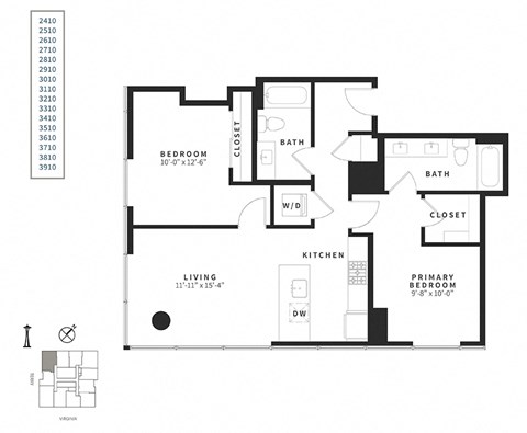 Floor plan for 2 beds, 2 baths, 1031 sqft